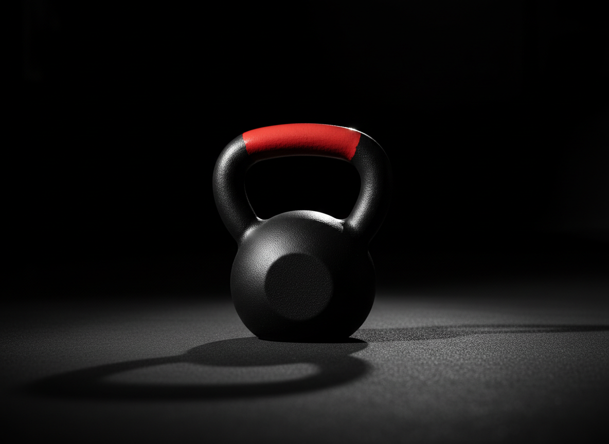 A heavy-duty cast iron kettlebell with a deep matte black finish and a bold red stripe around the handle, perched powerfully on a smooth, charcoal gray gym floor. Intense directional studio lighting from the left casts crisp, defined shadows to the right, emphasizing the squats and curves of the kettlebell’s form. The minimalist background fades away into pure darkness, creating a sense of focus and urgency. Shot head-on at a low angle, the composition is centered and visually impactful, channeling a bold and dynamic atmosphere consistent with high-intensity fitness. The overall aesthetic is clean, modern, and minimalist, highlighting strength and drive without distractions.